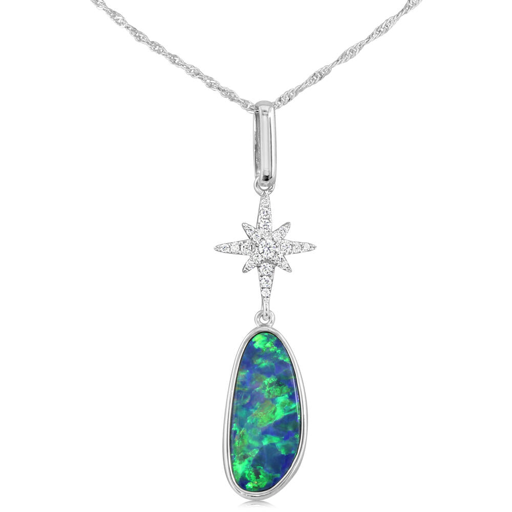 14K White Gold Australian Opal/Diamond Star Pendant