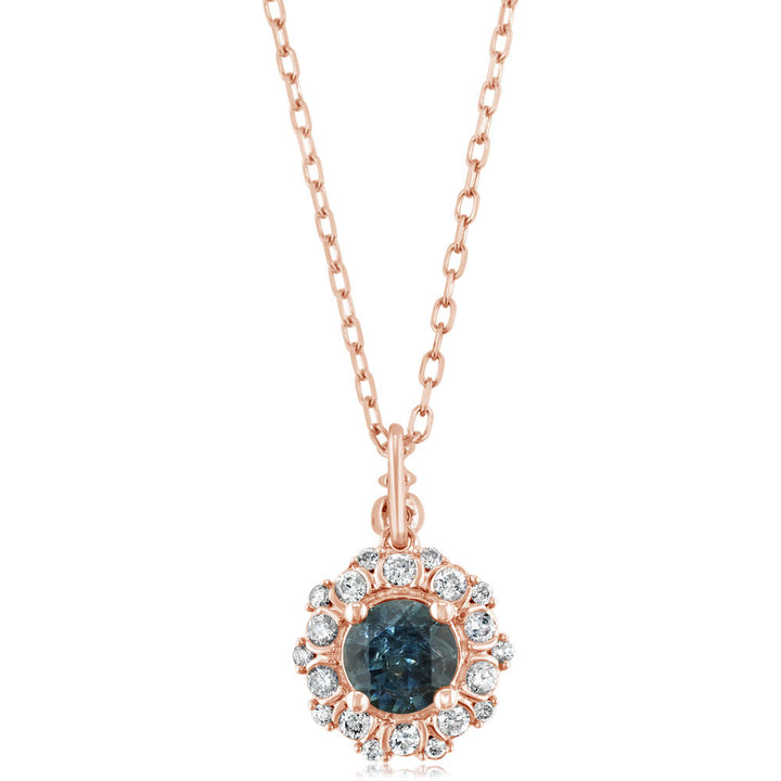 14K Rose Gold 5.00x3.20mm Round Montana Sapphire/Diamond Pendant (Includes Chain)
