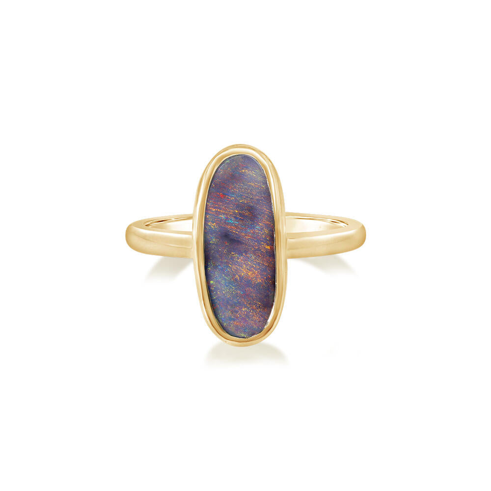 14K Yellow Gold Australian Boulder Opal Smooth Shank Ring