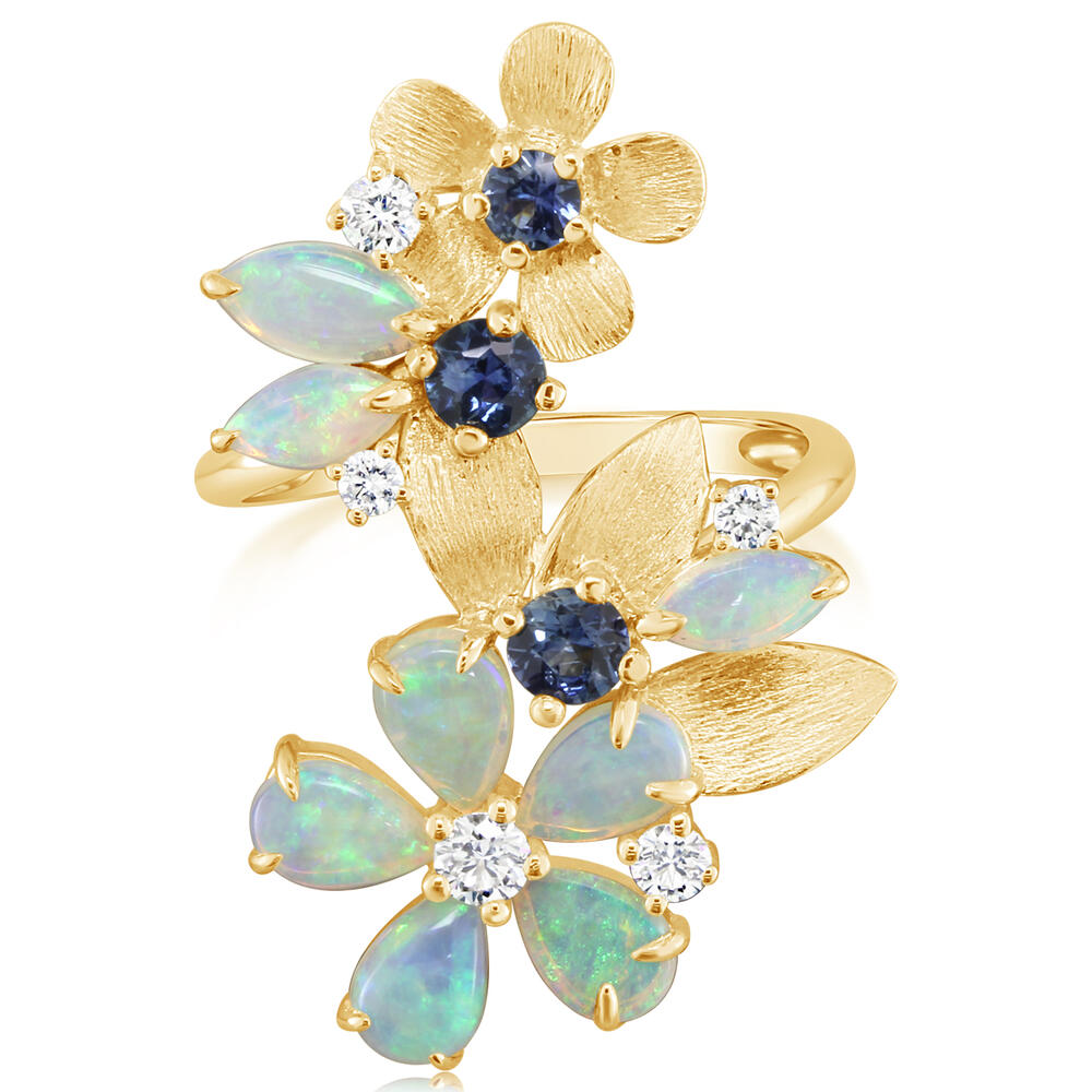 14K Yellow Gold Australian Opal/Montana Sapphire/ Diamond Flower Ring