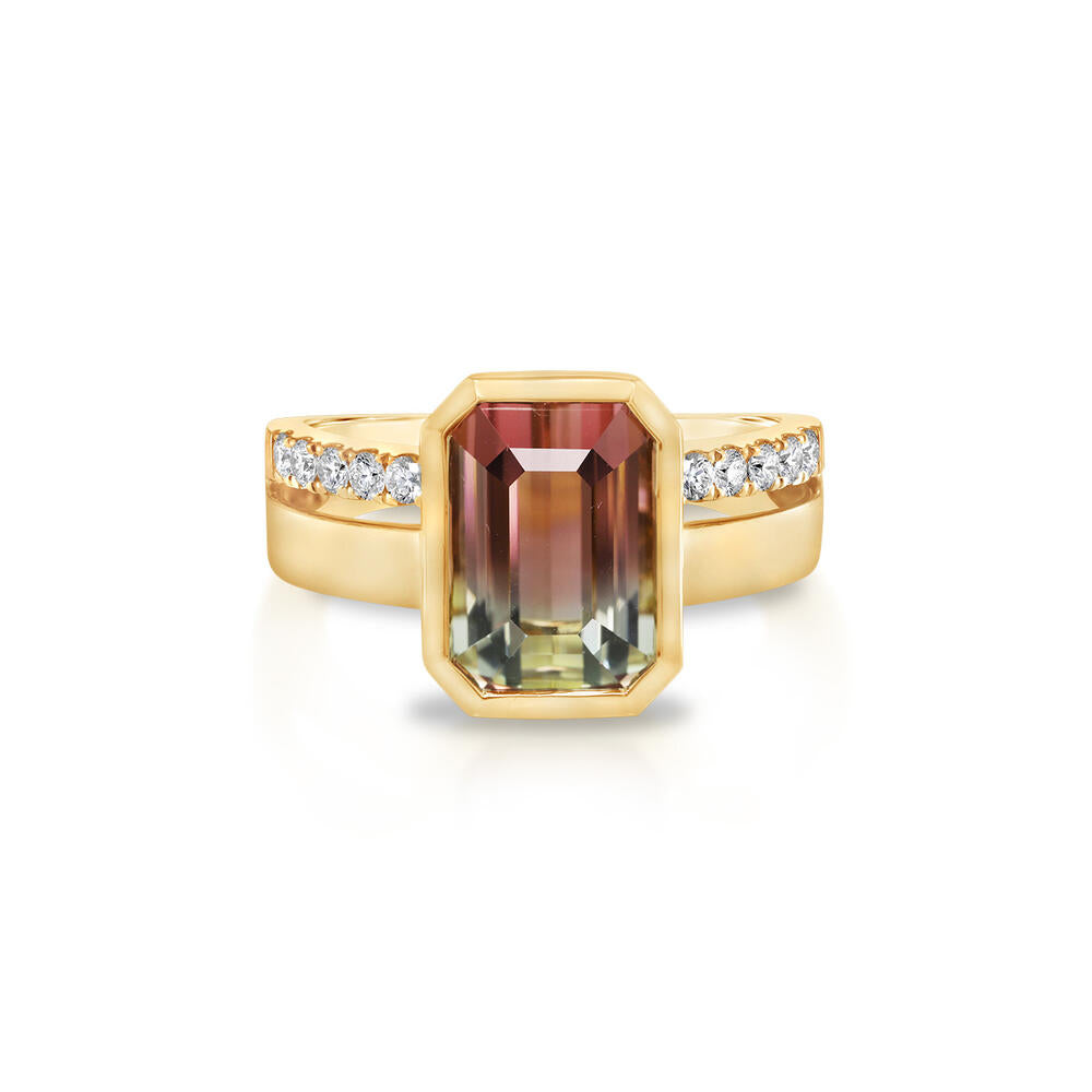 18K Yellow Gold Bi Color Tourmaline/Diamond Ring