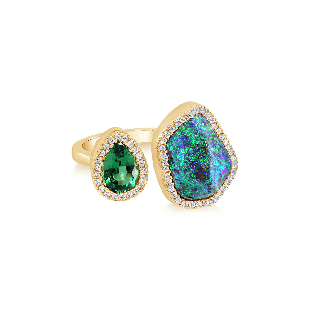 18K Yellow Gold Australian Boulder Opal/Chrome Tourmaline/Diamond Ring Cuff