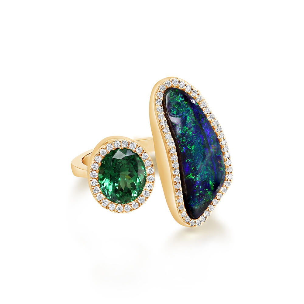 18K Yellow Gold Australian Boulder Opal/Tsavorite/Diamond Ring Cuff