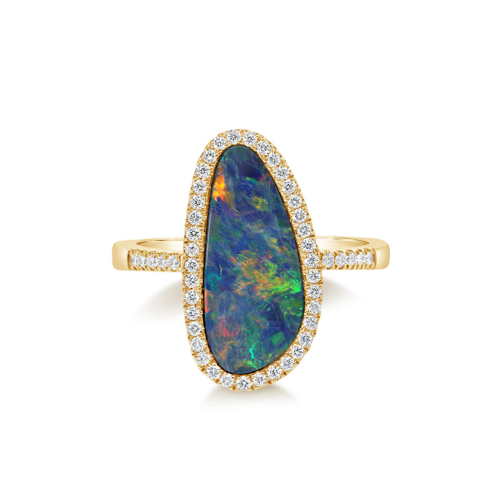 14K Yellow Gold Australian Opal Doublet/Diamond Ring