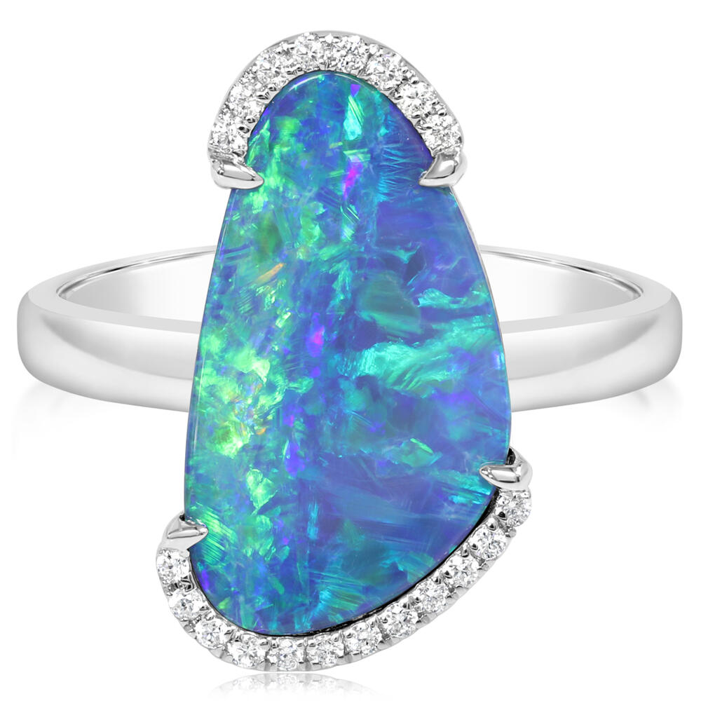 14K White Gold Australian Opal Doublet/Diamond Ring ,