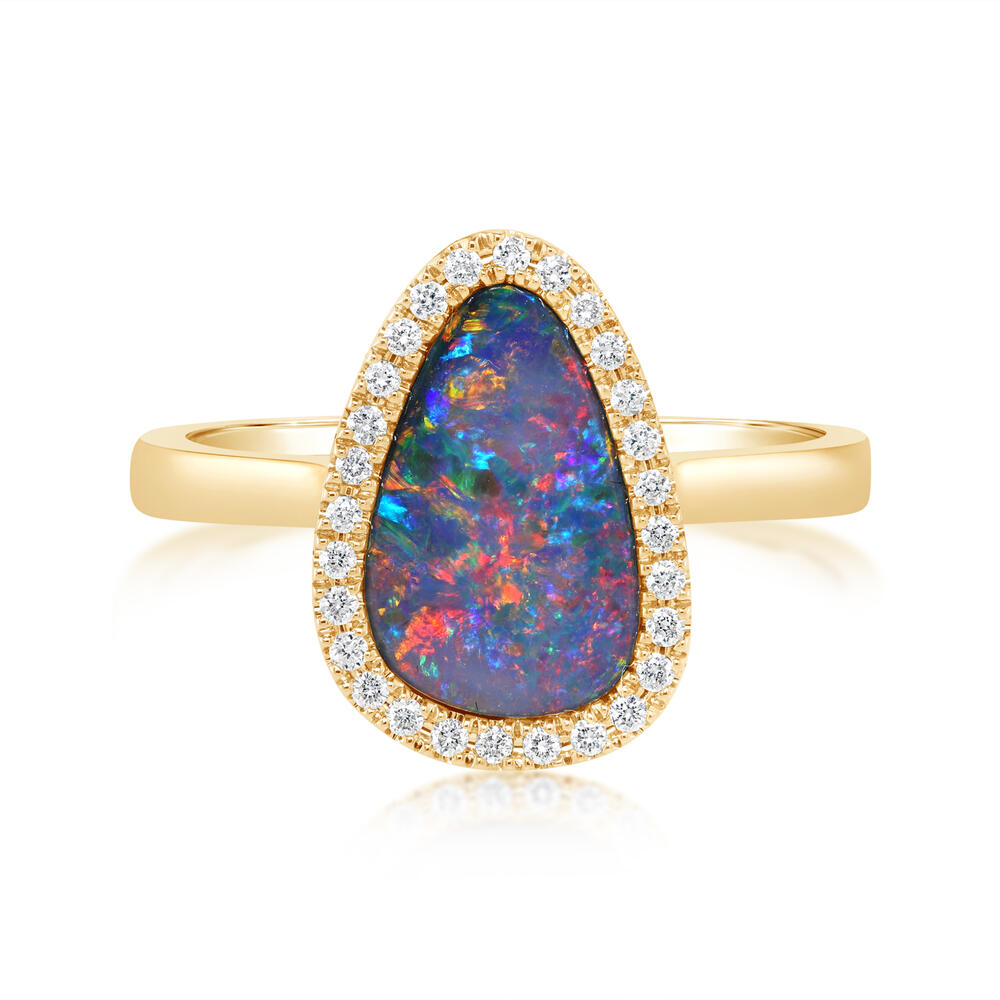 14K Yellow Gold Australian Opal Doublet/Diamond Ring