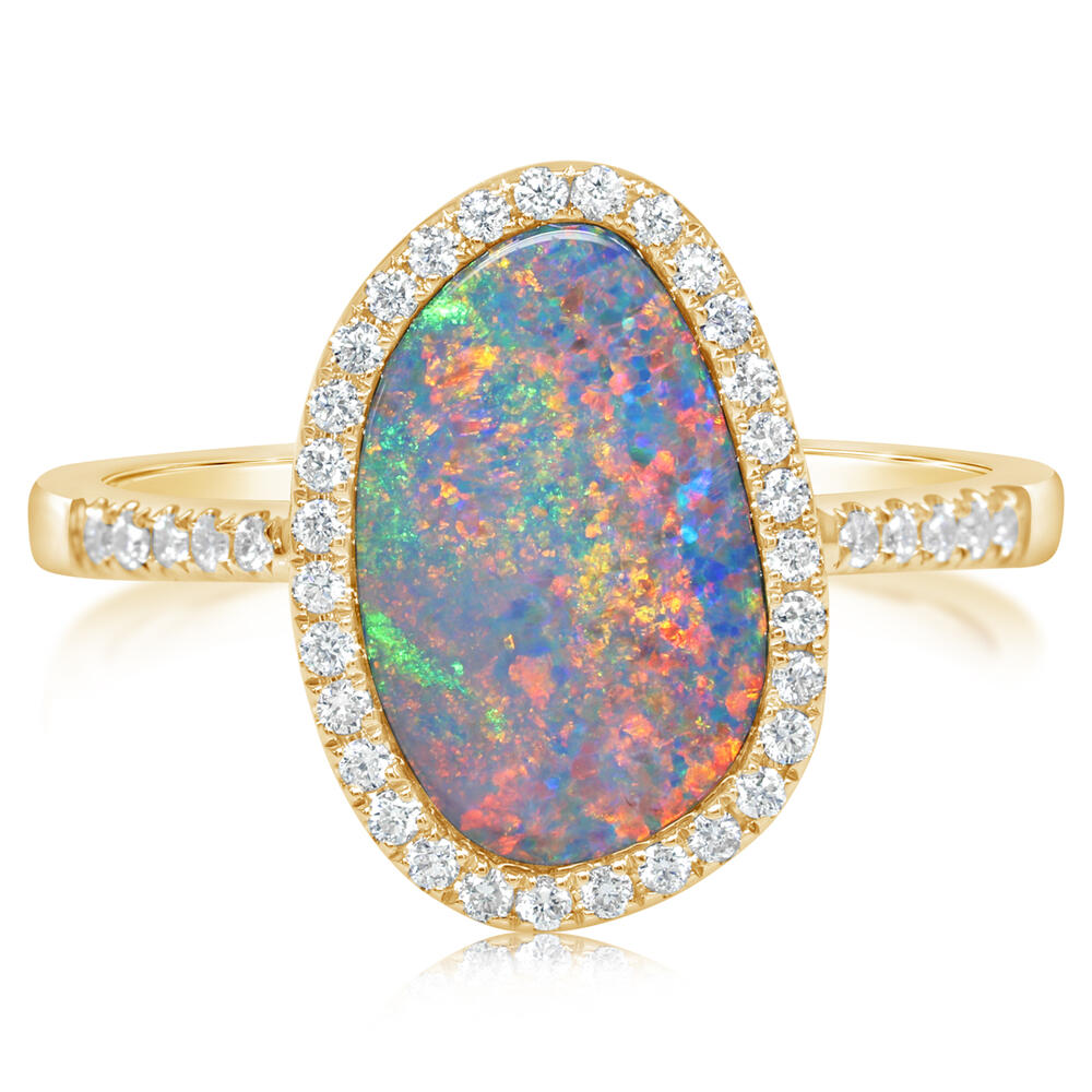 14K Yellow Gold Australian Opal Doublet/Diamond Ring ,