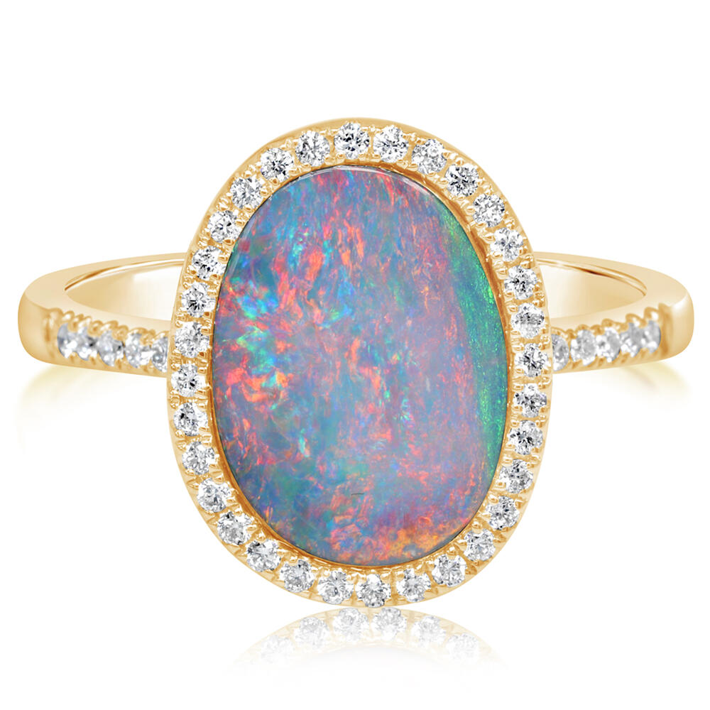 14K Yellow Gold Australian Opal Doublet/Diamond Ring ,