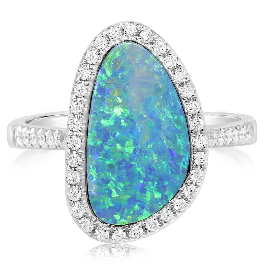 14K White Gold Australian Opal Doublet/Diamond Ring