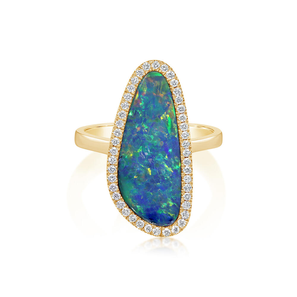 14K Yellow Gold Australian Opal Doublet/Diamond Ring