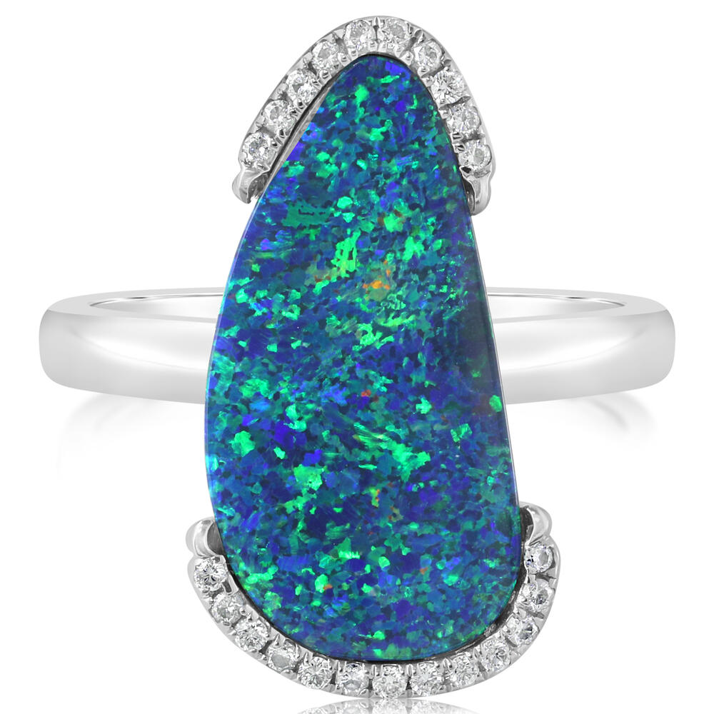 14K White Gold Australian Opal Doublet/Diamond Ring ,