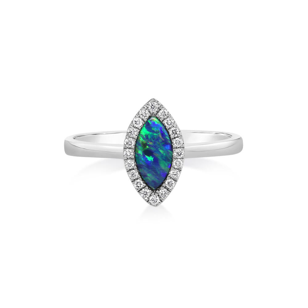 14K White Gold Australian Opal Doublet/Diamond Ring