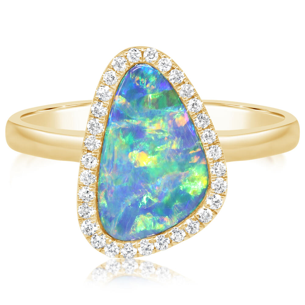 14K Yellow Gold Australian Opal Doublet/Diamond Ring
