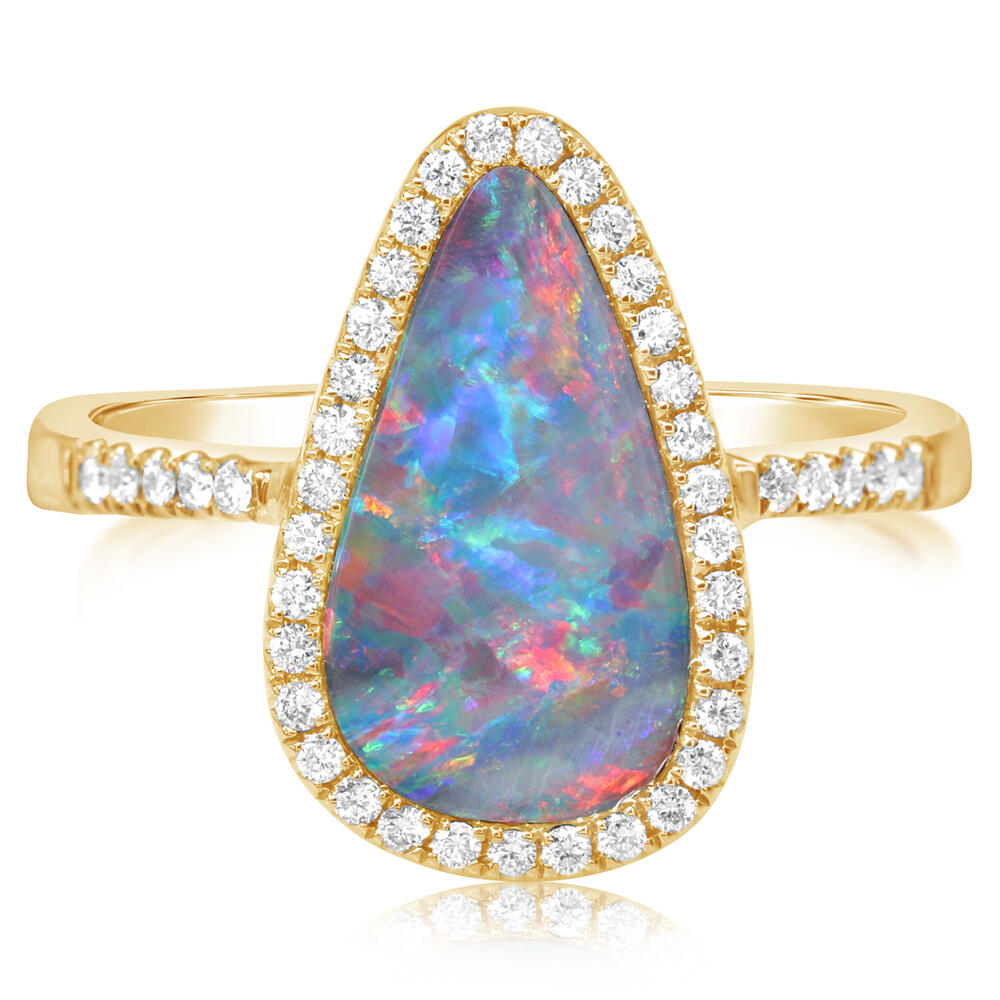 14K Yellow Gold Australian Opal Doublet/Diamond Ring ,