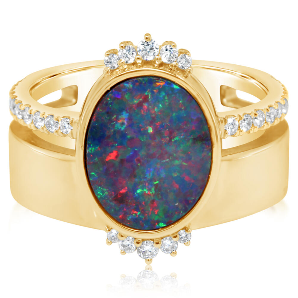 14K Yellow Gold Australian Opal Doublet/Diamond Cigar Band Ring