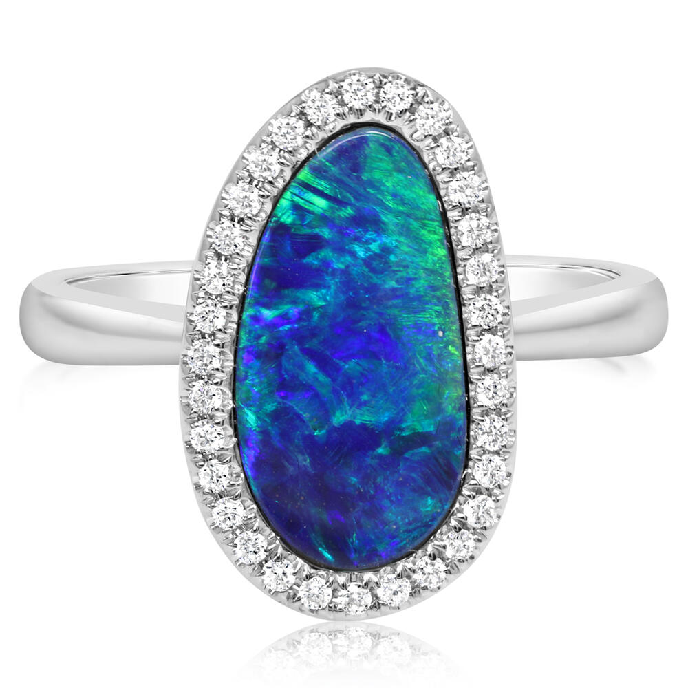14K White Gold Australian Opal Doublet/Diamond Ring ,