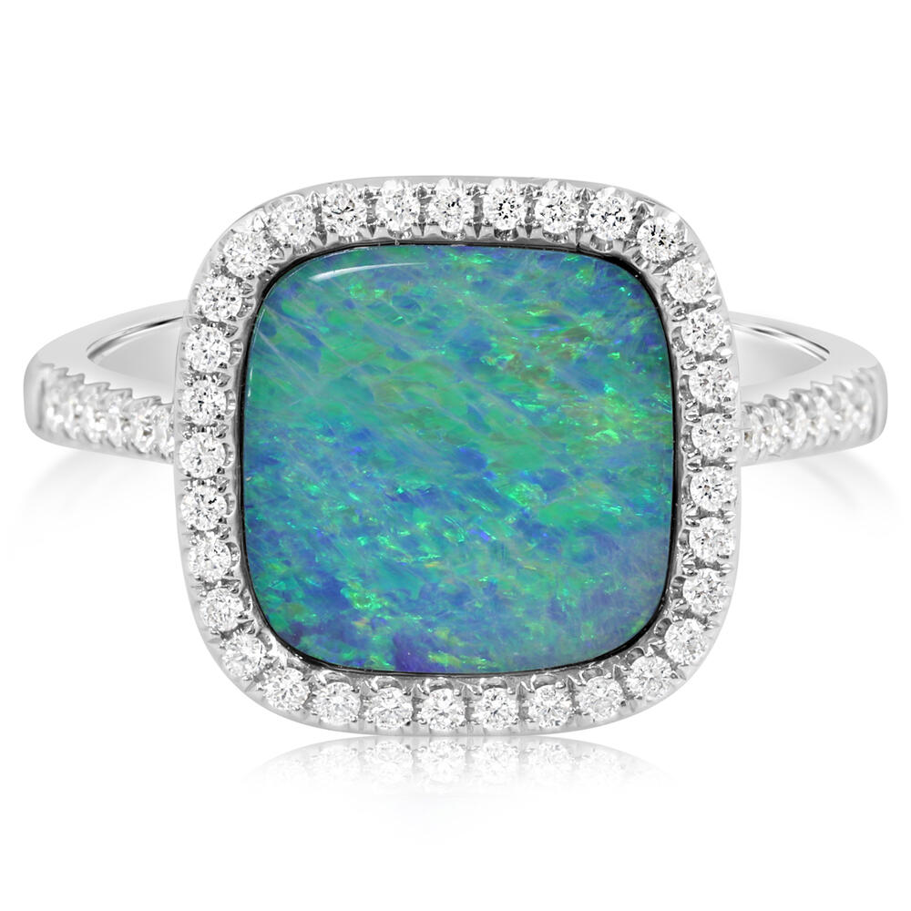 14K White Gold Australian Opal Doublet/Diamond Ring