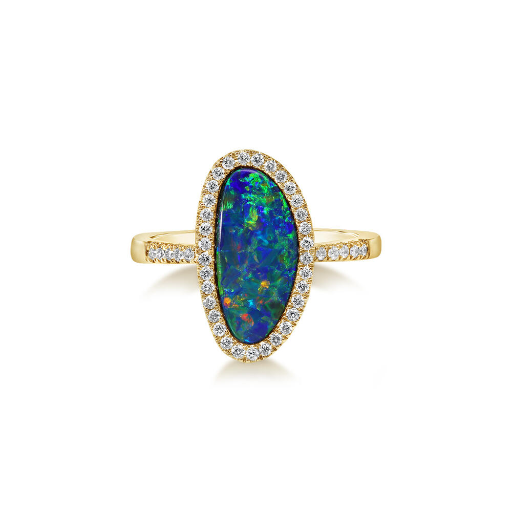 14K Yellow Gold Australian Opal Doublet/Diamond Ring