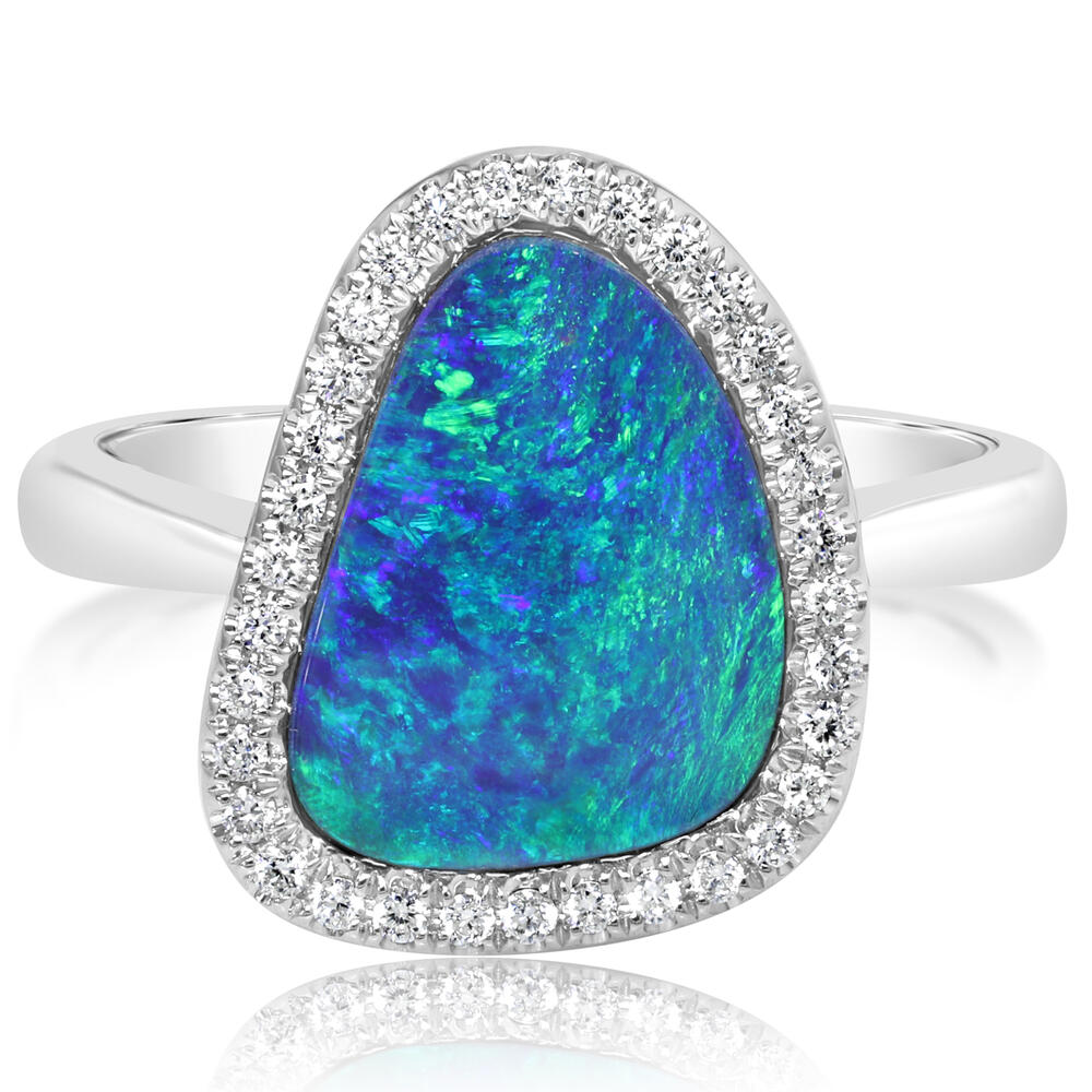 14K White Gold Australian Opal Doublet/Diamond Ring ,