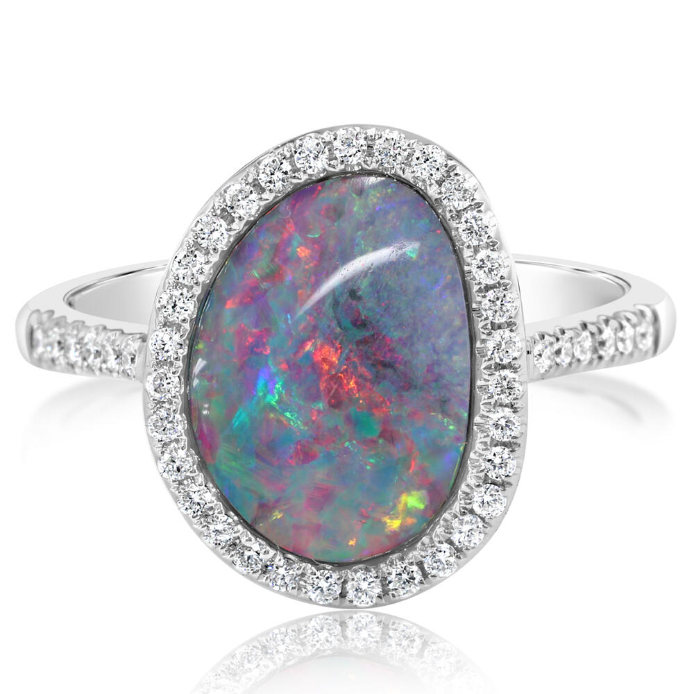 14K White Gold Australian Opal Doublet/Diamond Ring