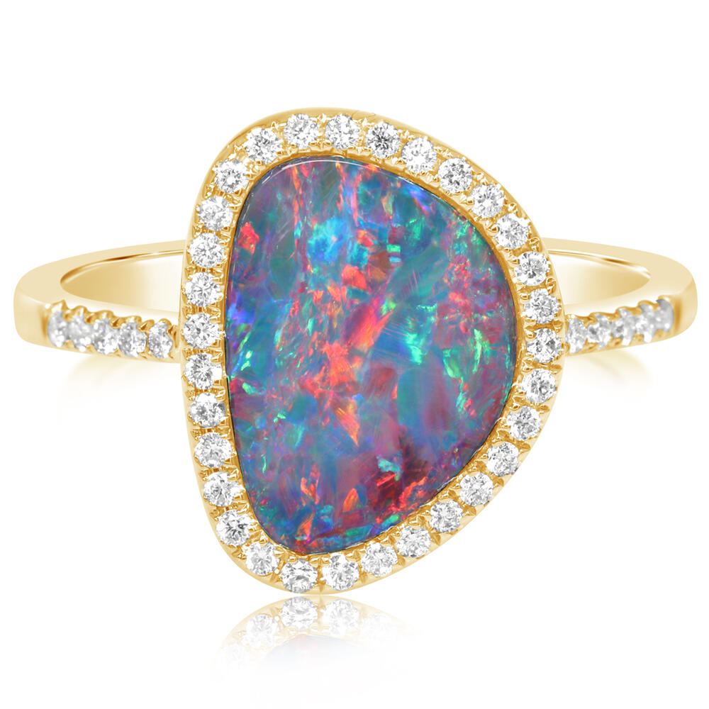 14K Yellow Gold Australian Opal Doublet/Diamond Ring ,