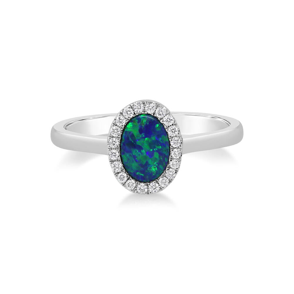 14K White Gold Australian Opal Doublet/Diamond Ring