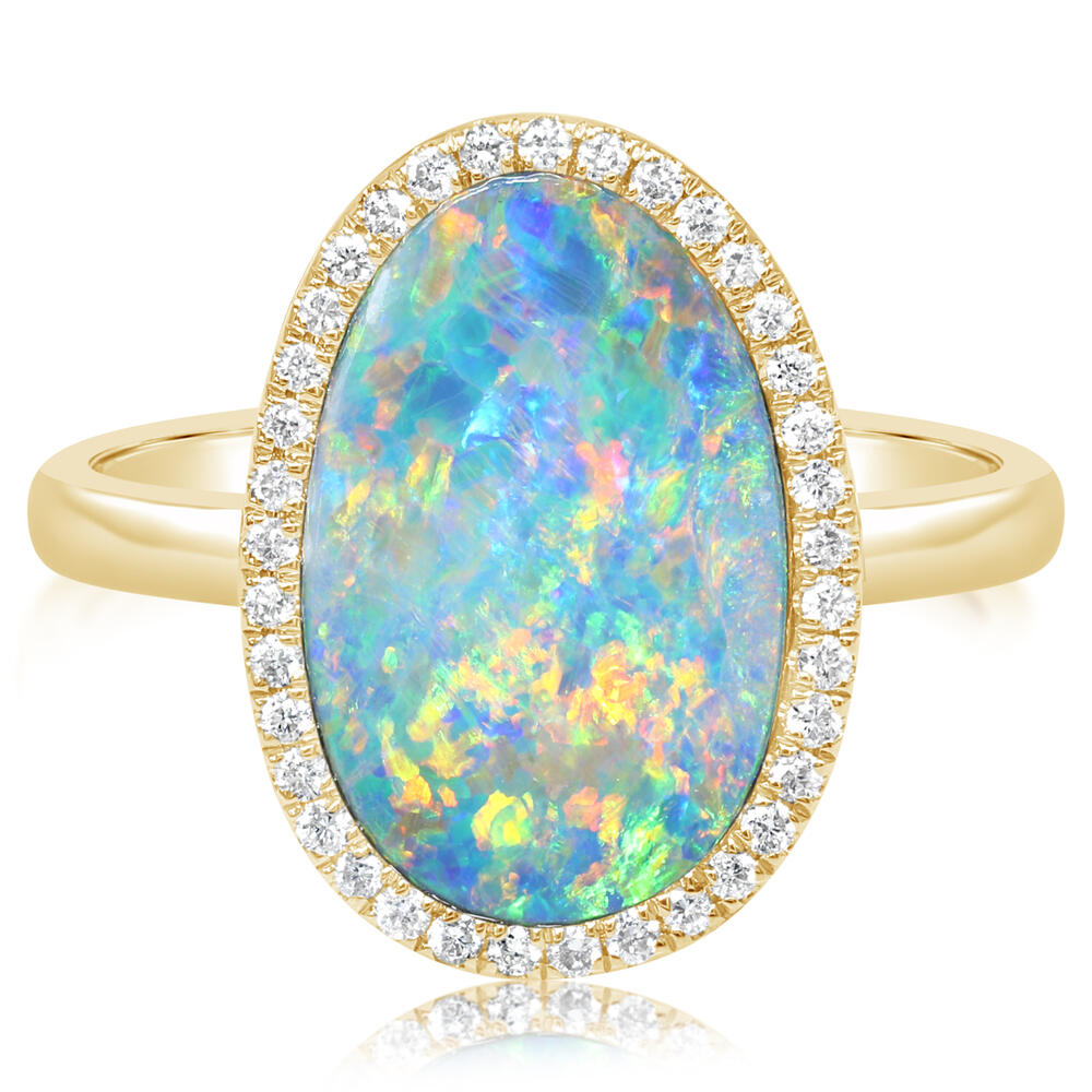 14K Yellow Gold Australian Opal Doublet/Diamond Ring