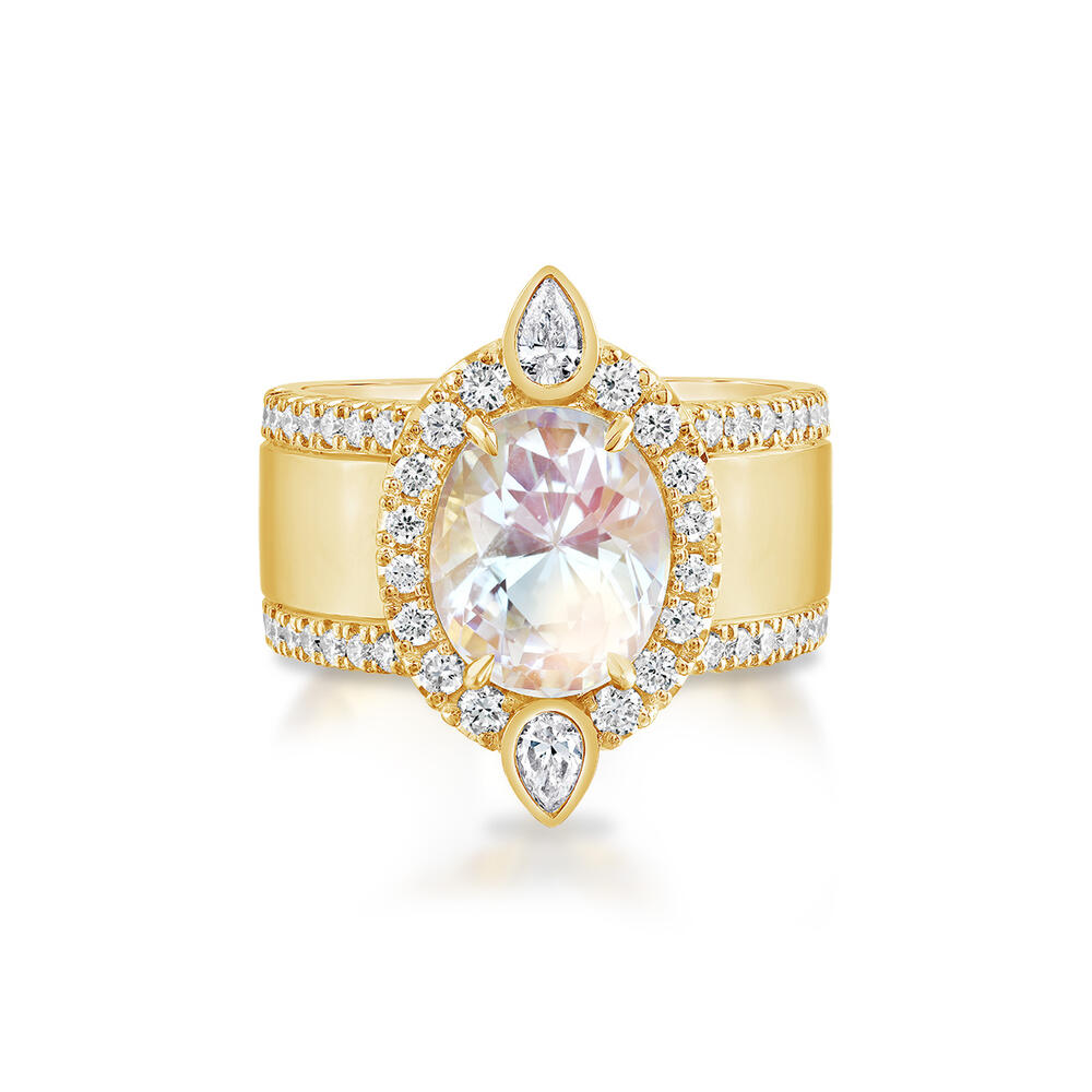 18K Yellow Gold Rainbow Moonstone/Diamond Ring