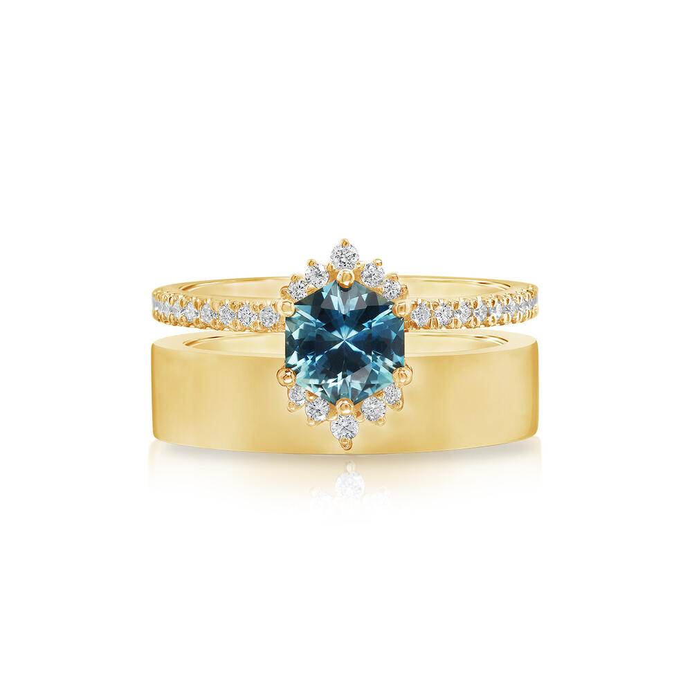 18K Yellow Gold Hexagon Montana Sapphire/Diamond Cigar Band Ring