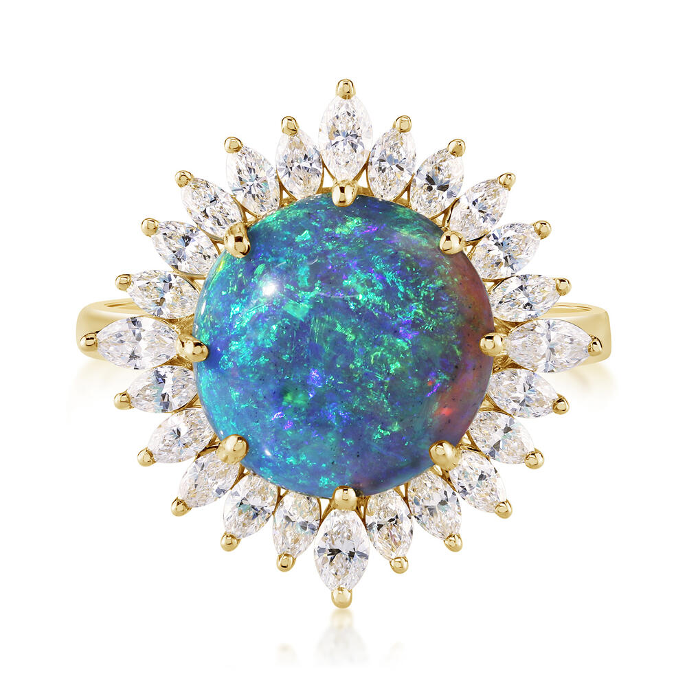 18K Yellow Gold Australian Black Opal/Diamond Sunflower Ring