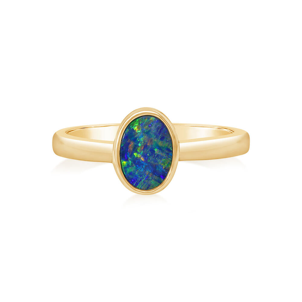 14K Yellow Gold Australian Opal Doublet Smooth Shank Ring