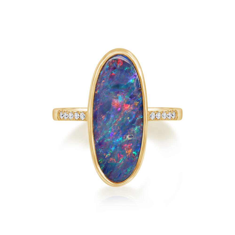 14K Yellow Gold Australian Opal Doublet/Diamond Ring