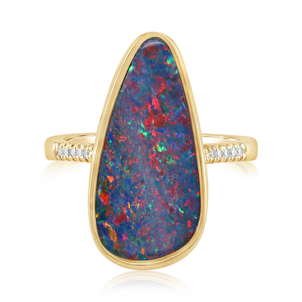 14K Yellow Gold Australian Opal Doublet/Diamond Ring