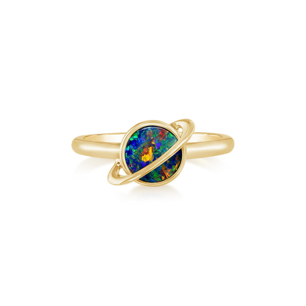 14K Yellow Gold6mm Australian Opal Doublet Saturn Ring