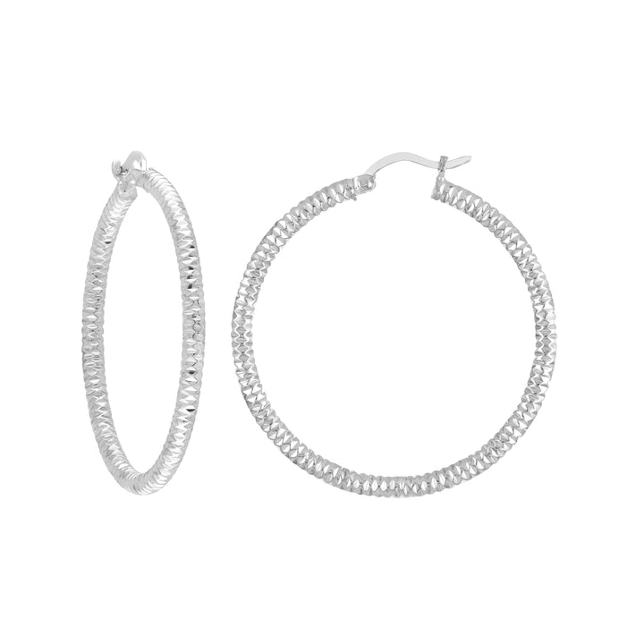 Sterling Silver 3mm x 30mm Diamond-Cut Rhodium Hoop Earrings