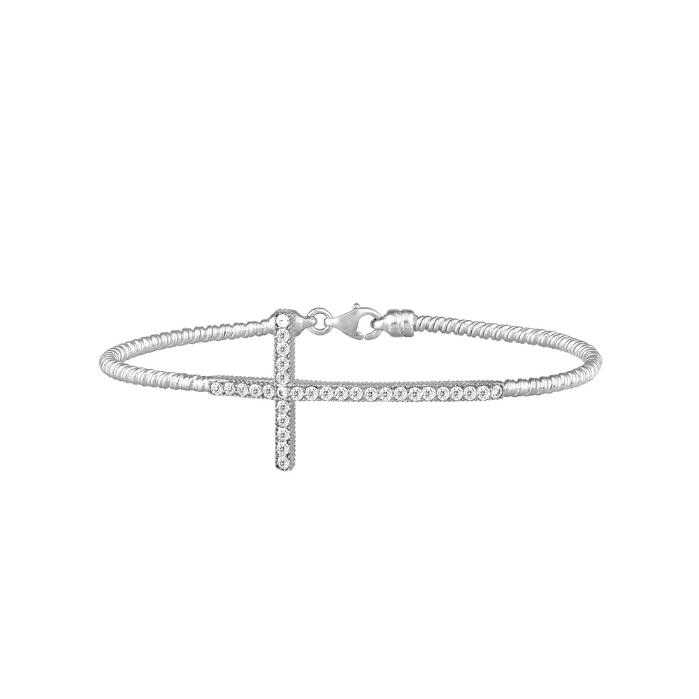 Sterling Silver Sideways CZ Cross Bracelet