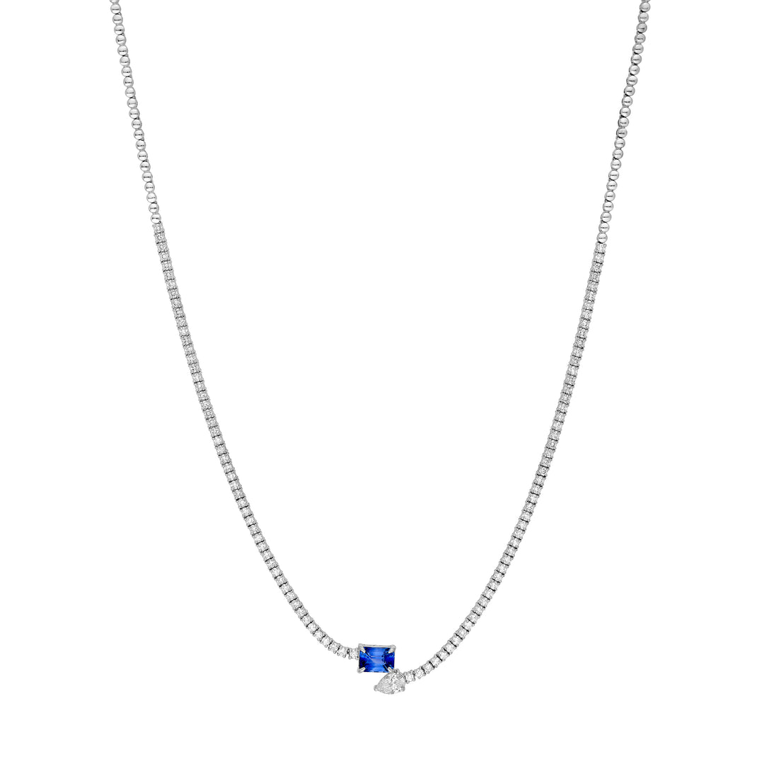 Blue Sapphire & Pear Diamond Tennis Necklace