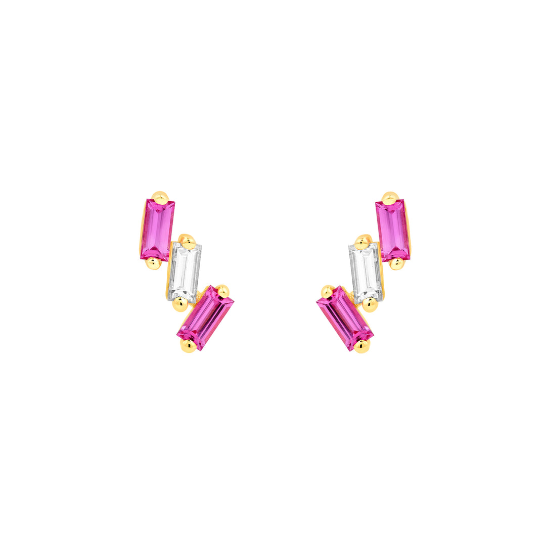 7/8tcw Square Baguette Pink Sapphire & Diamond Stud Earrings