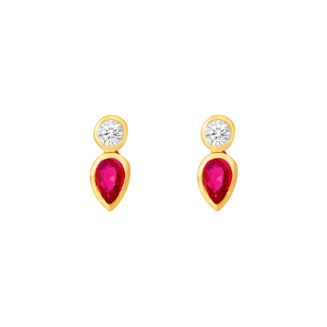 1/4tcw Pear Shape Ruby & 1/10tcw Round Diamond Bezel Earring
