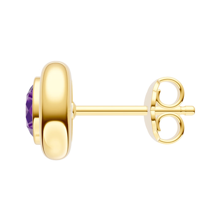 Round Purple Amethyst Double Bezel Stud Earrings